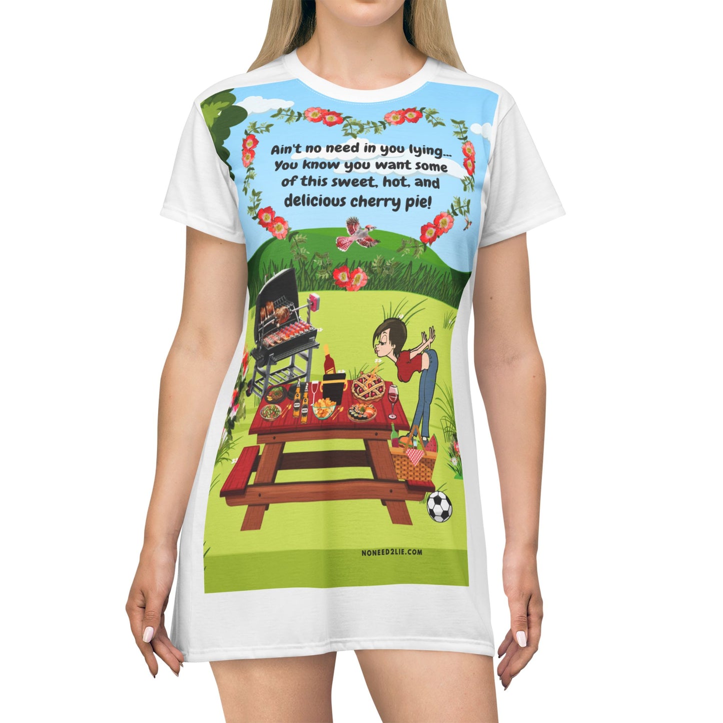 Short - All Over Print T-Shirt Dress - Sweet homemade cherry pie!